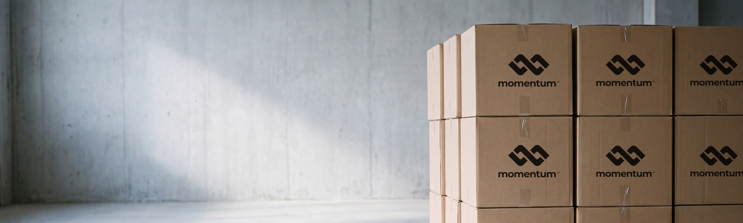 Stacked Momentum shipping boxes in a warehouse