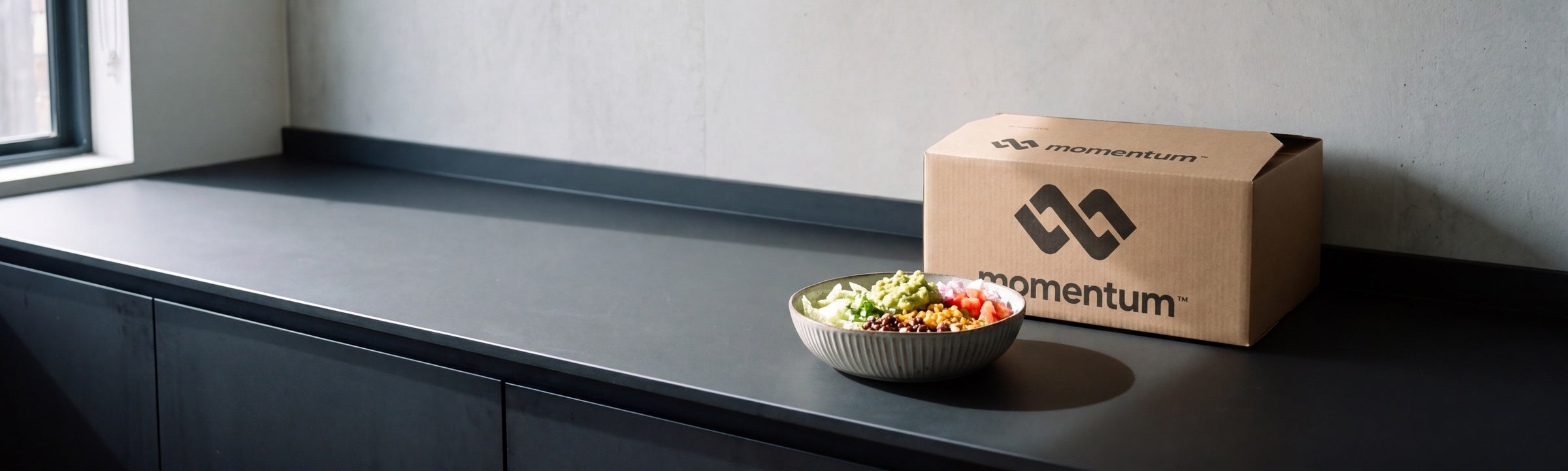 A closed Momentum box and a bowl of food on a kitchen counter